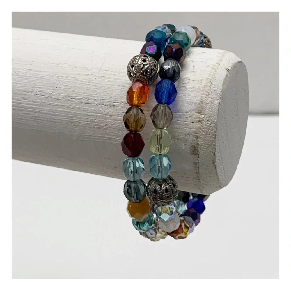 colorful glass beaded memory wire bracelet spring lightweight no clasp